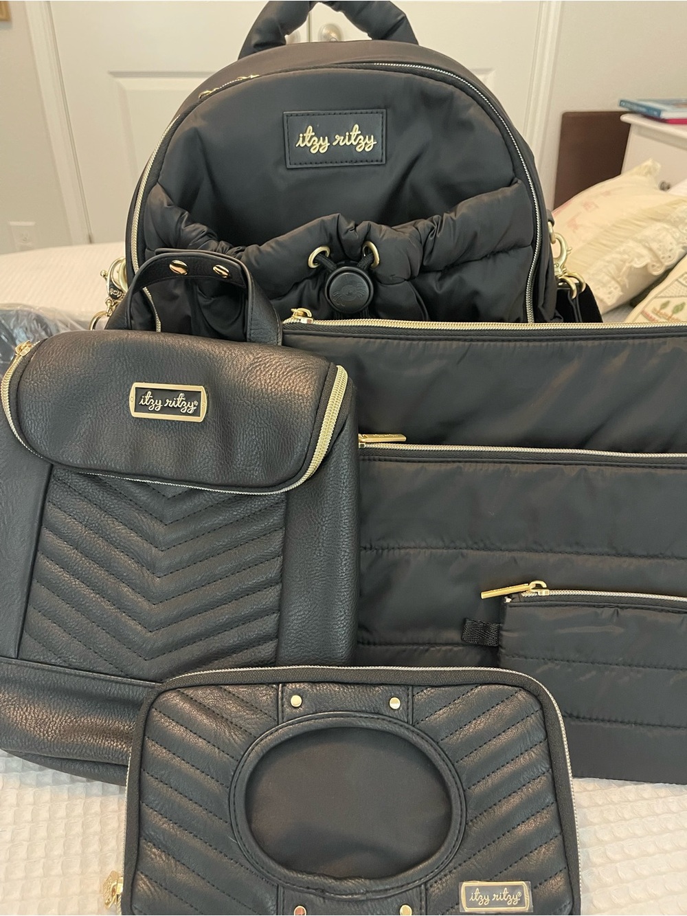 Itzy Ritzy Black Quilted Backpack Diaper Bag Set with Gold Hardware
